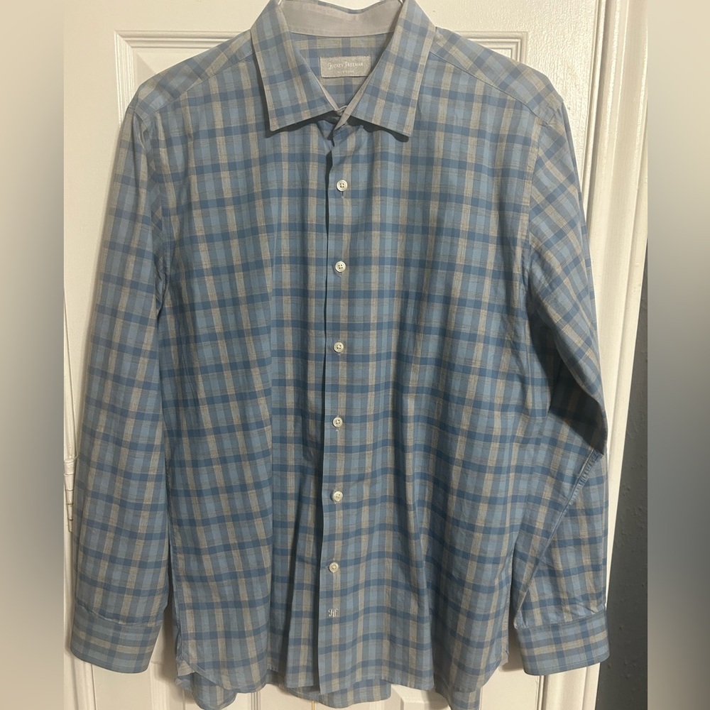 Hickey Freeman ModernFit of buttons Spread Collar cuadricular Dress Shirt Size14